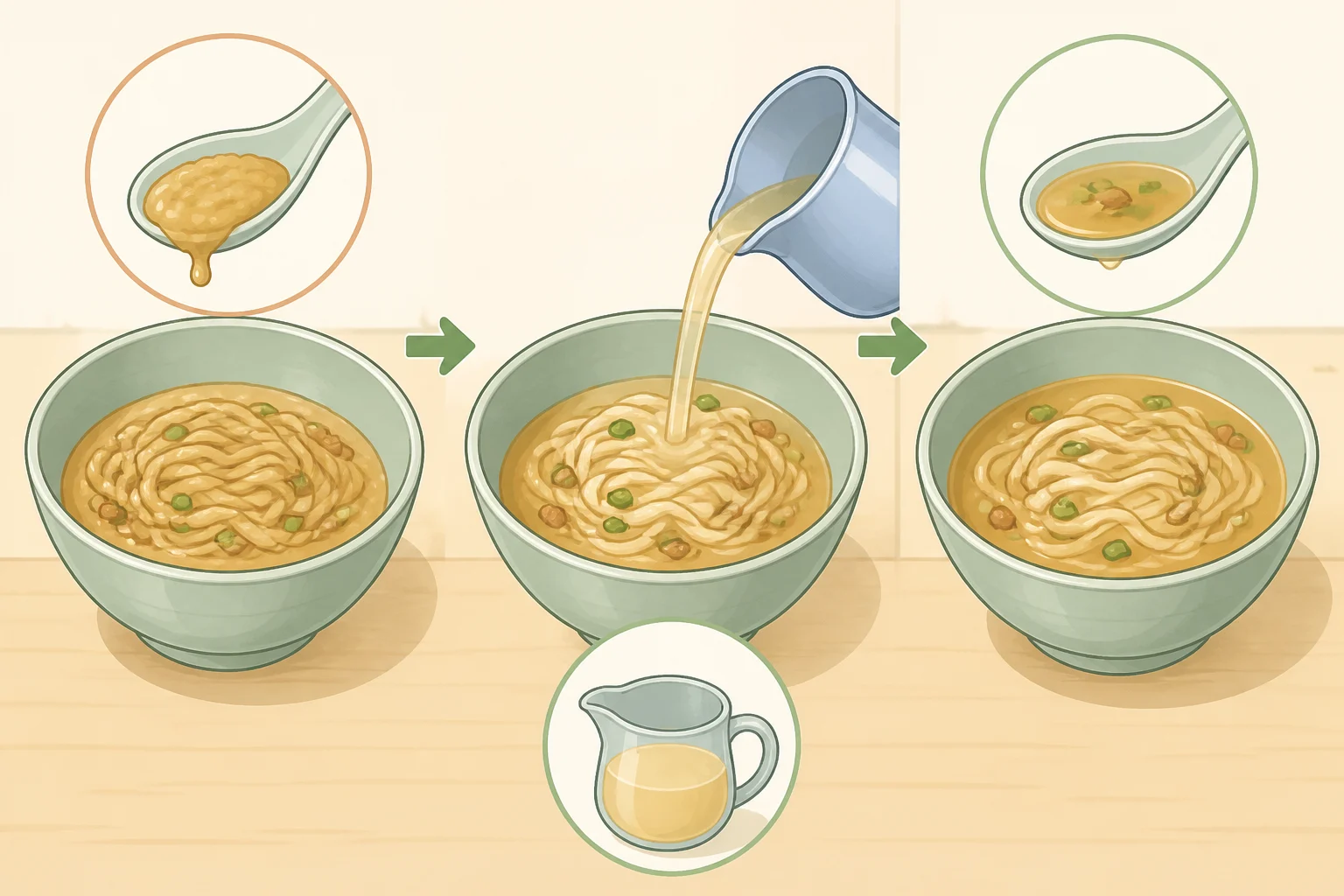 Two ladles of lasagna soup showing too-thick and corrected spoonable consistency after stirring in warm broth a quarter cup at a time