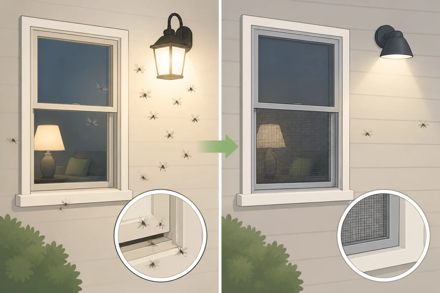 Illustration of a bedroom window with a light source attracting insects, plus a screen and door sweep gap that can be sealed to support how to keep spiders out of your bedroom
