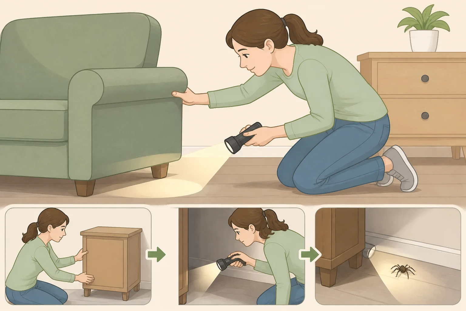 Illustration of a person using a flashlight to check behind furniture, closet corners, and along baseboards before reaching in to remove a spider