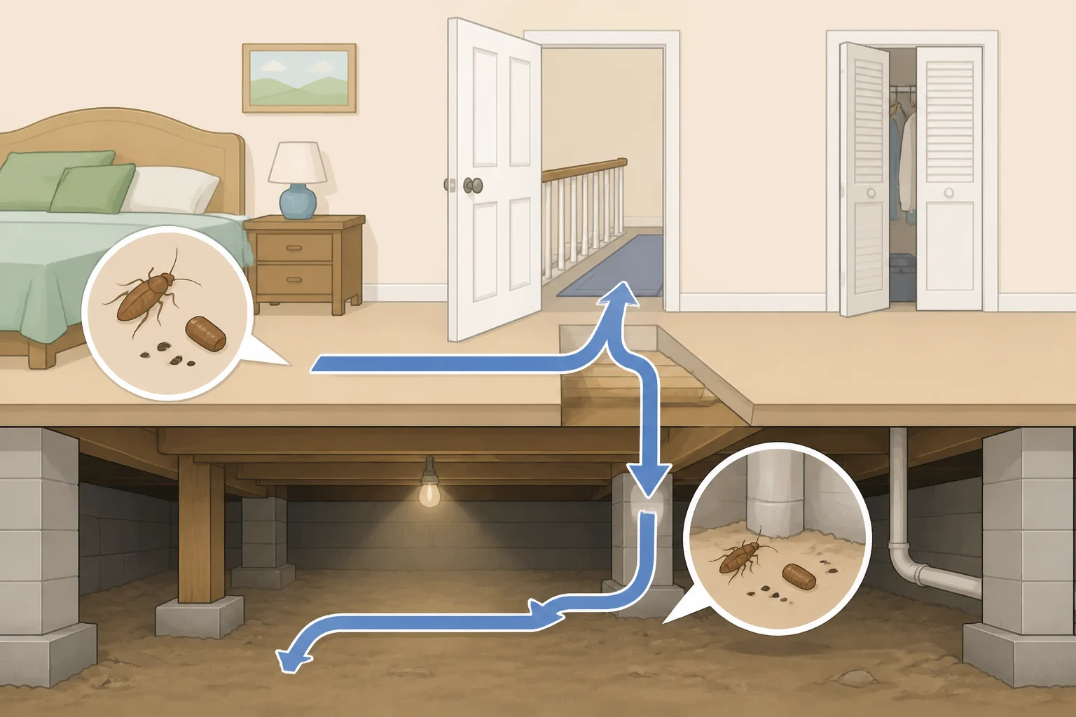 Illustration of a bedroom leading to a basement or crawl space with arrows showing areas to inspect when spider activity spreads beyond the room
