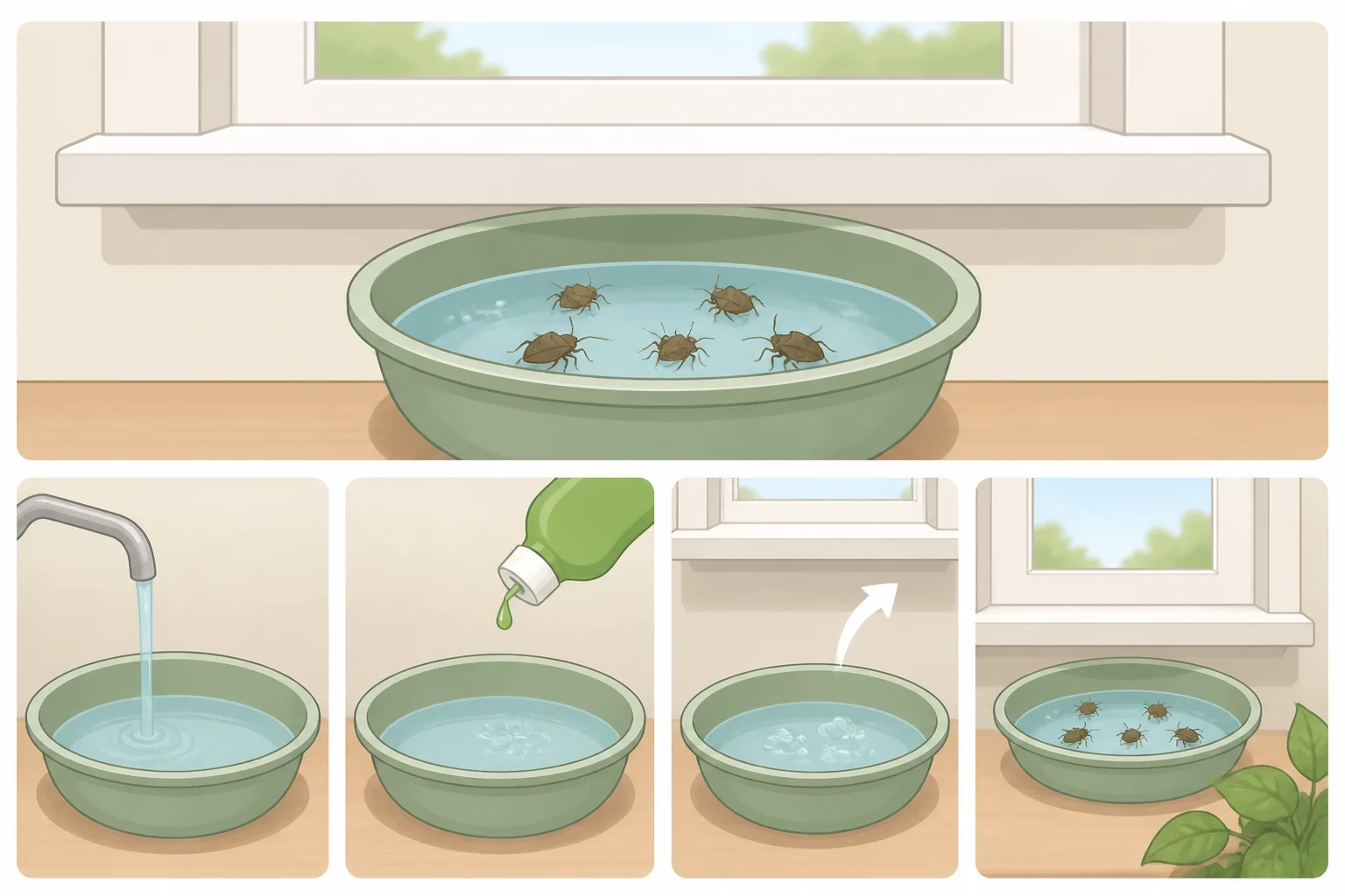 Illustration of a foil roasting pan trap with water and dish soap positioned under a windowsill to help with how to keep stink bugs out of your house in fall