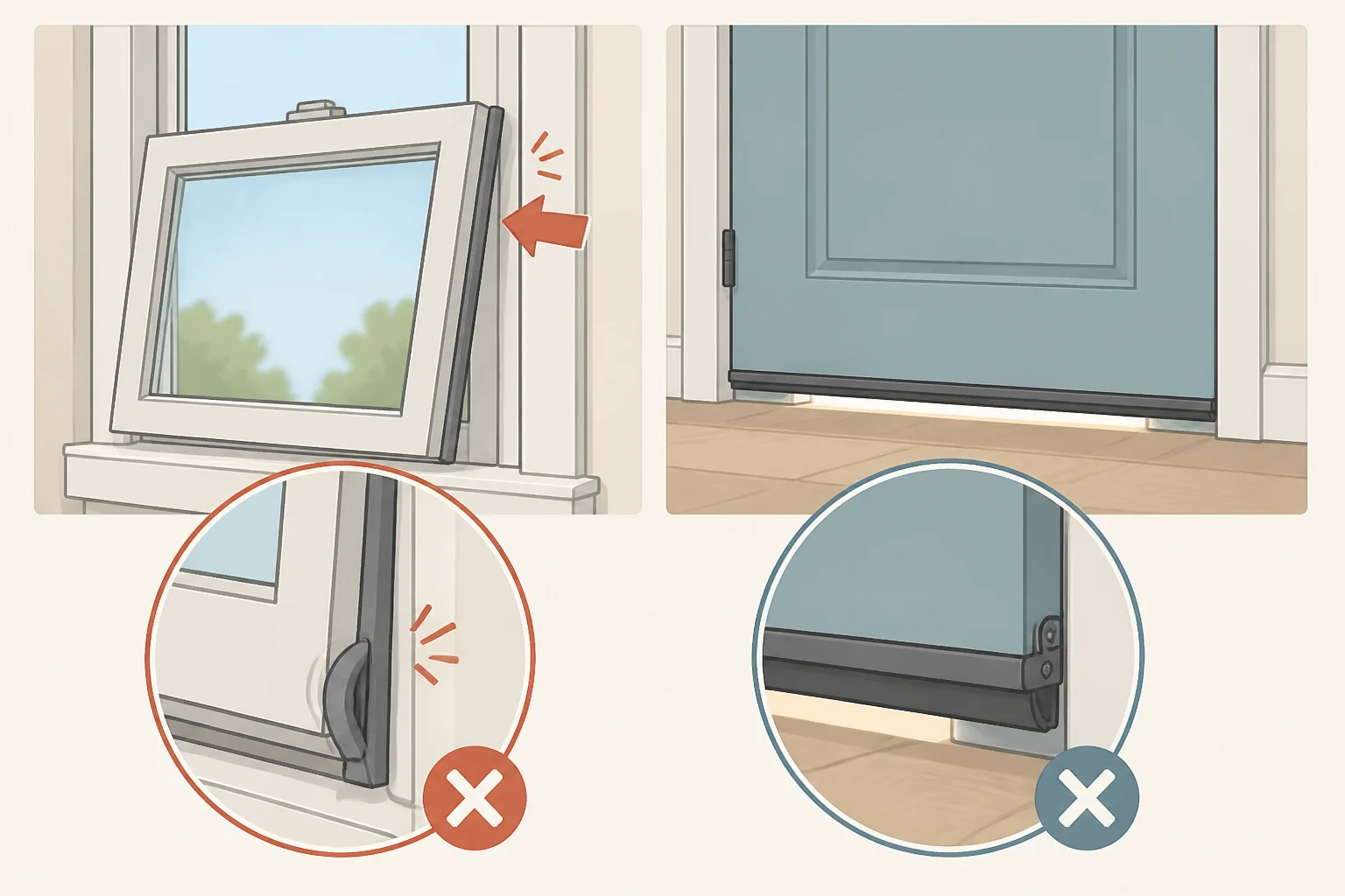 Illustration troubleshooting failed sealing—weatherstripping that’s too thick preventing a window from closing and a worn door sweep leaving daylight at the bottom edge