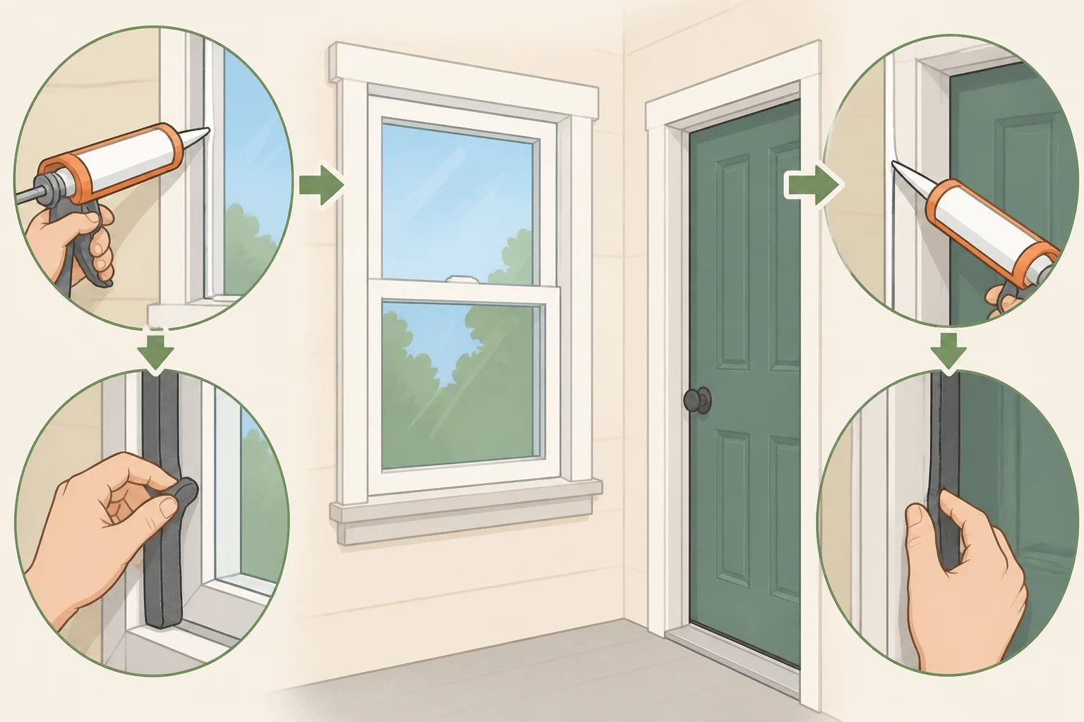 Illustration showing how to seal gaps around a window and door frame with exterior-grade caulk and adhesive weatherstripping to keep stink bugs out