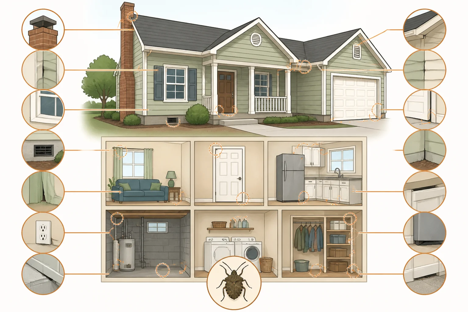 Illustration of common stink bug entry points—gaps around door sweeps, window screens, window AC units, baseboards, trim, and ceiling fixtures