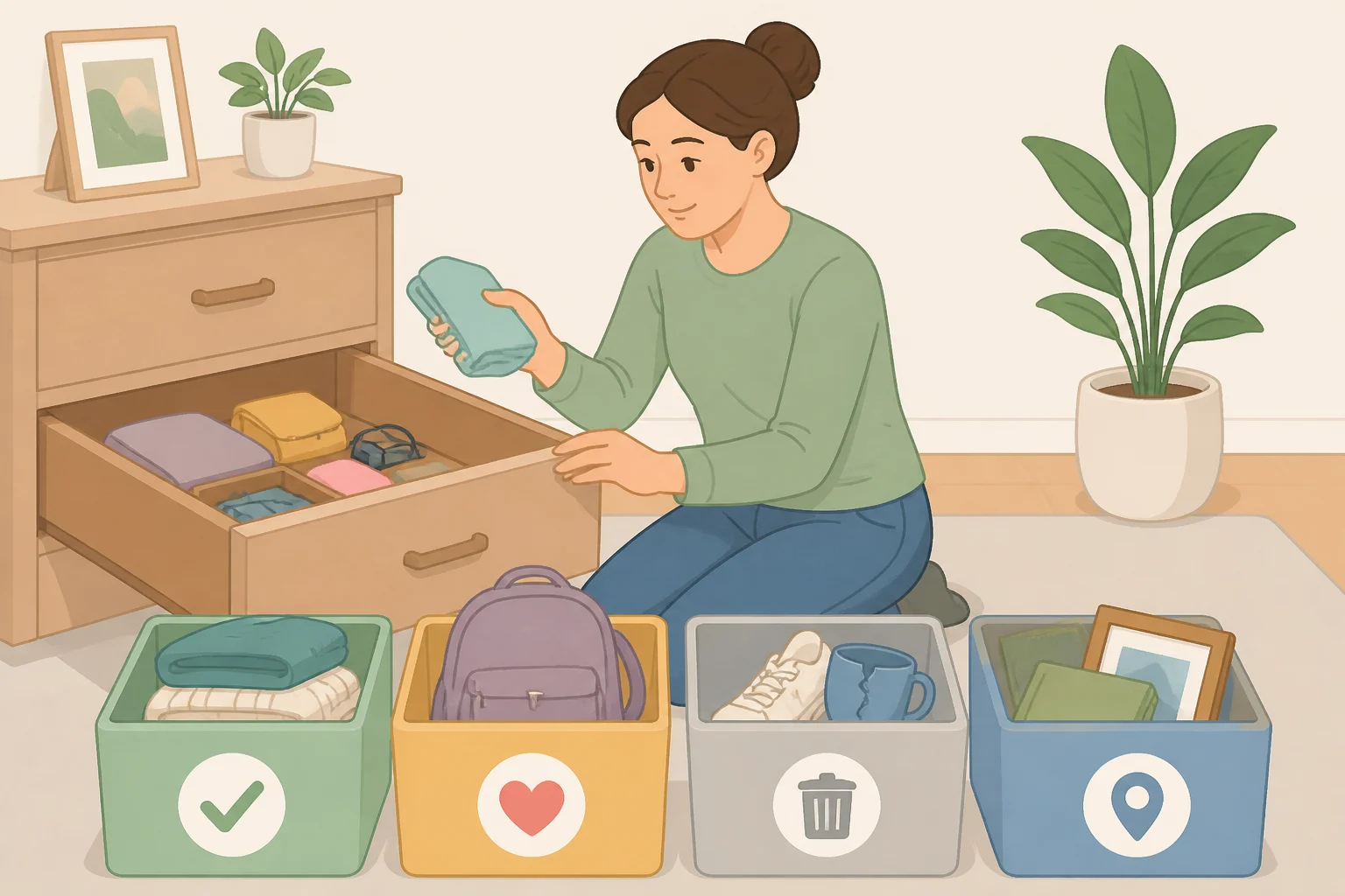 Illustration of one small decluttering zone where items are separated into keep, relocate, donate, and discard boxes to support decluttering secrets for an organized home