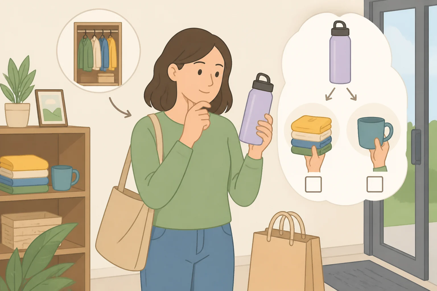 Illustration of a checkout card prompting three one-in, one-out questions—what it replaces, whether it requires home adjustments, and whether it adds to cleaning—before a new purchase