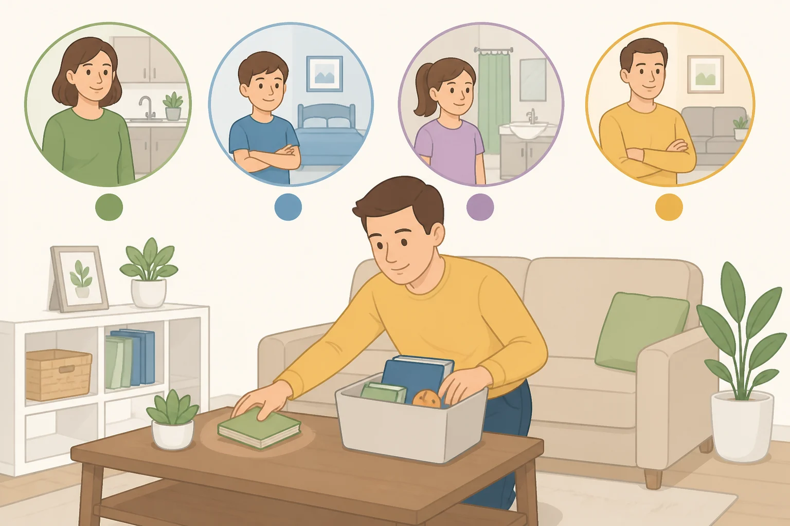 Illustration of a shared home where each household member has a single responsibility zone, including a child with a toy bin that has a clear capacity limit