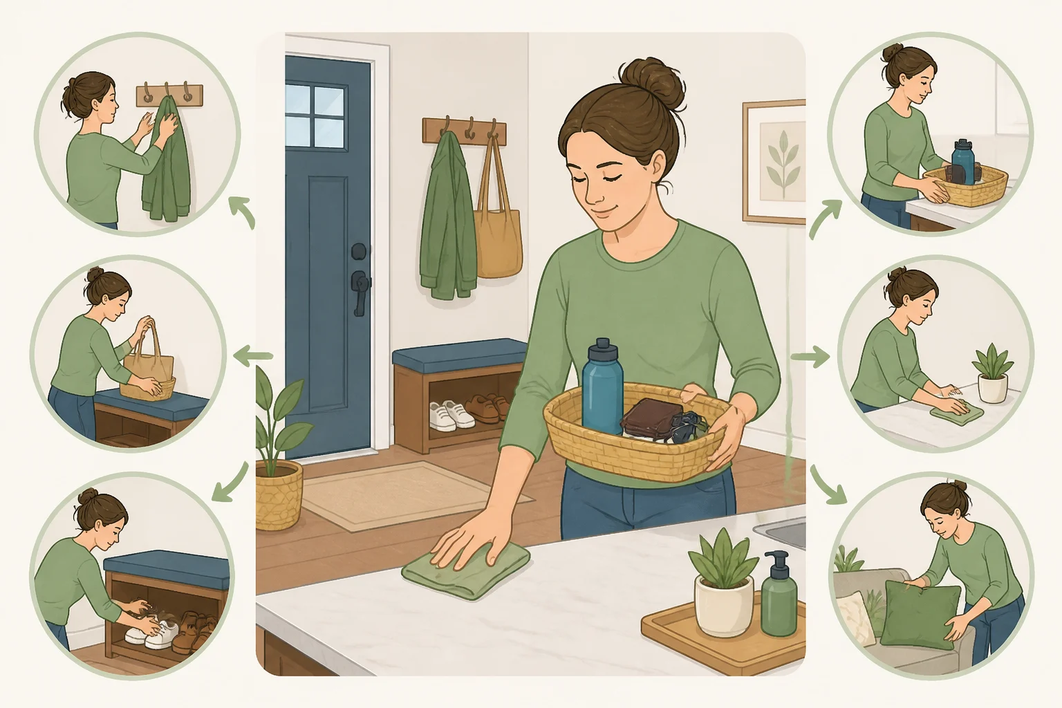 Illustration of a simple nightly 10-minute reset with items returned to place on an entry console and kitchen counters after dinner