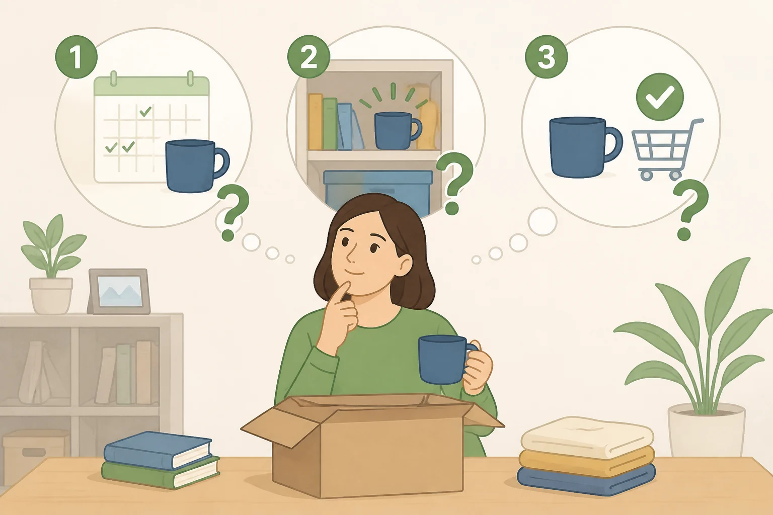 Checklist of three quick questions—used in the last year, would you look for it if missing, and easy to replace—before placing an item into the decluttering box
