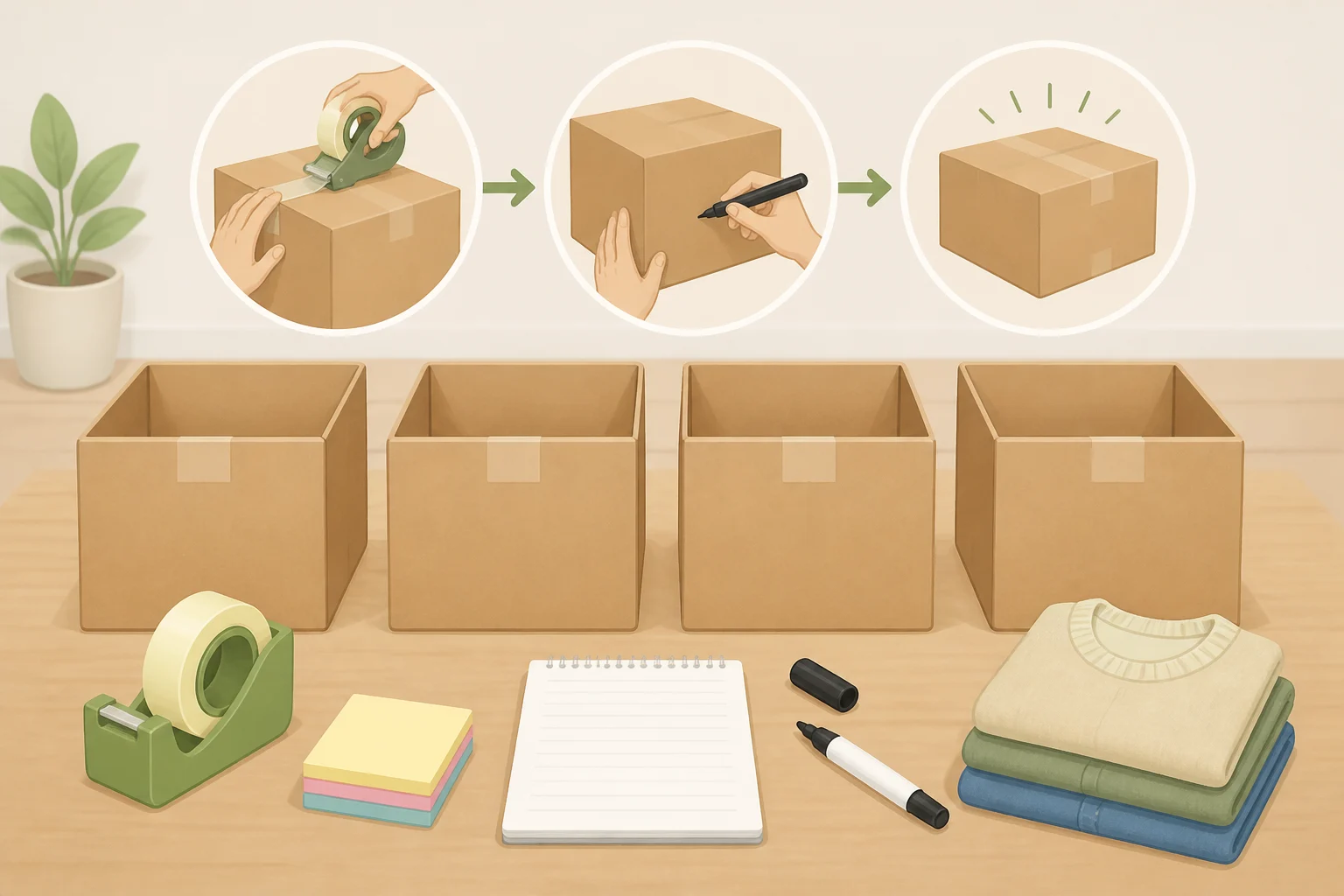 Sturdy lidded containers, painter's tape, and a marker showing how to record pack date, review date, and item category for a decluttering box test