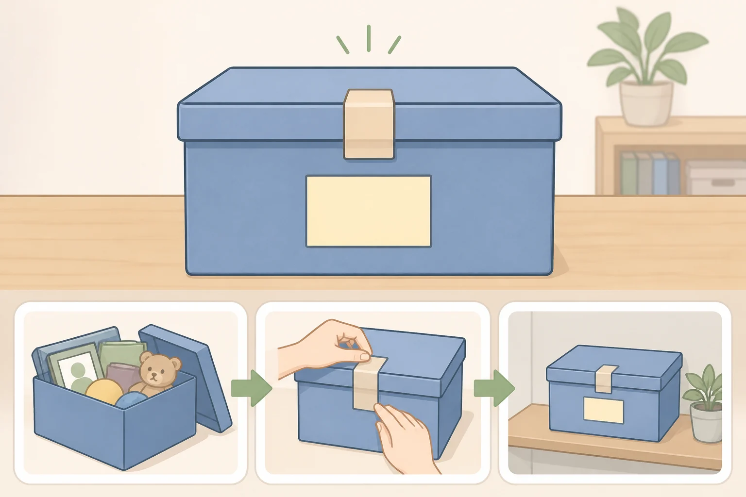 Closed maybe box labeled with a pack date and review date to demonstrate the box rule decluttering method
