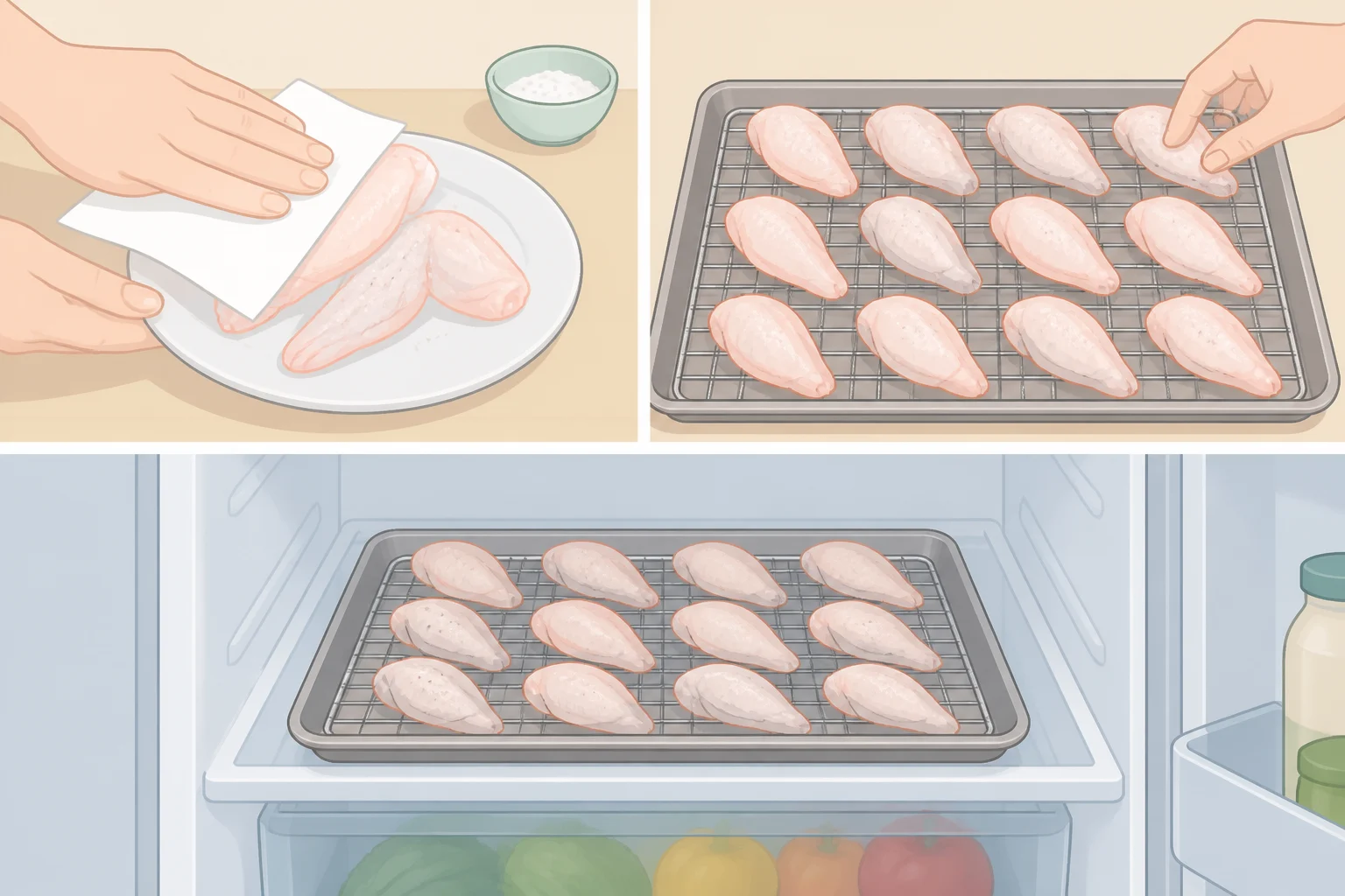 Bone-in skin-on chicken wings on a wire rack set in a rimmed sheet pan, uncovered in the refrigerator after being patted dry and coated with baking powder and salt