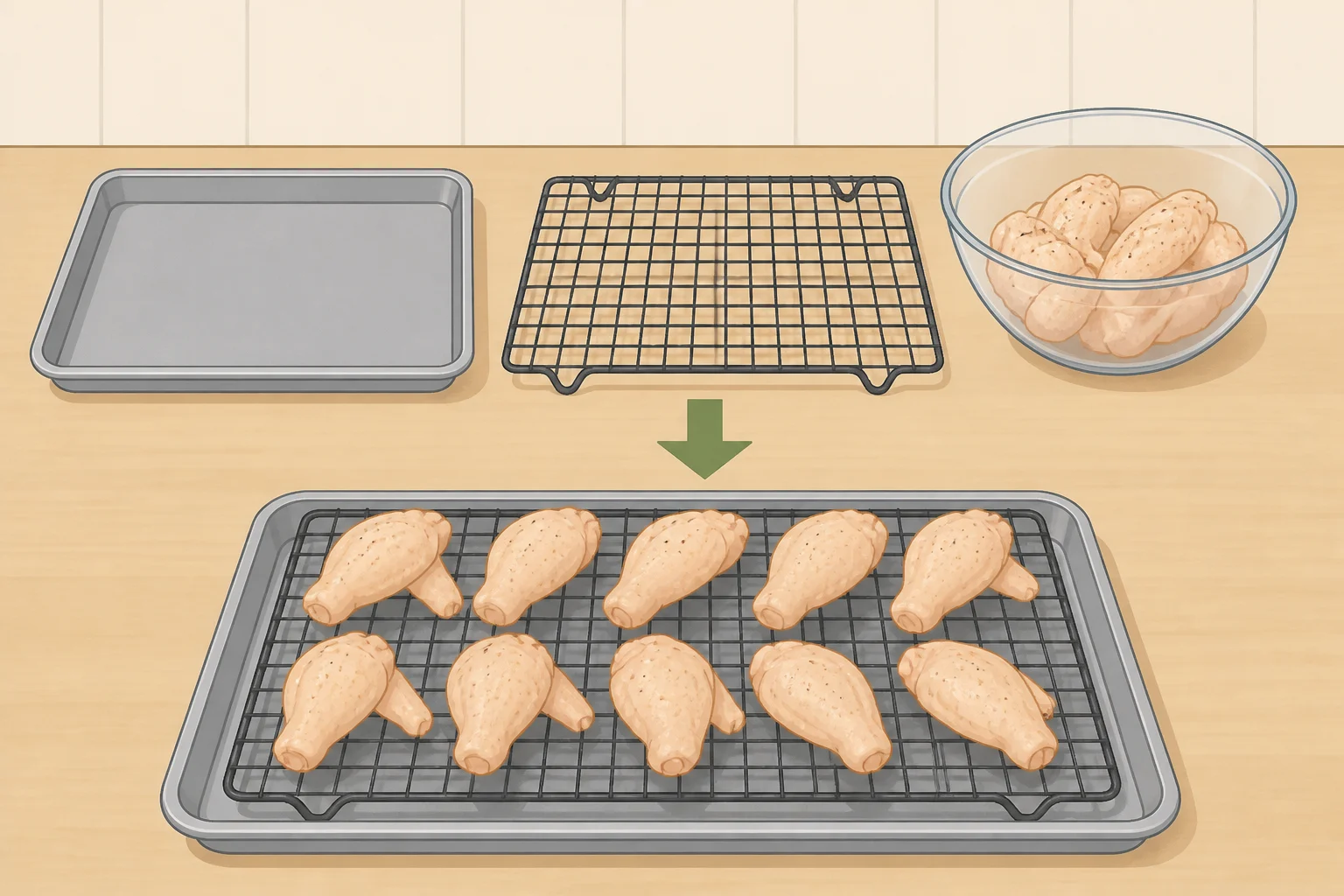 A wire rack resting inside a rimmed sheet pan, with paper towels, baking powder, kosher salt, and an instant-read thermometer laid out beside it