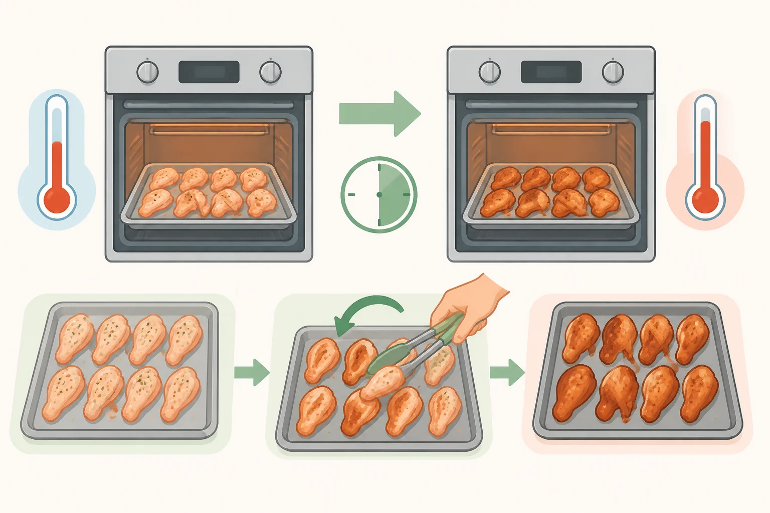 Chicken wings on a wire rack in a sheet pan showing the low-and-then-high oven stages, with the oven set to 250°F first, then switching to 425°F and a note to flip halfway