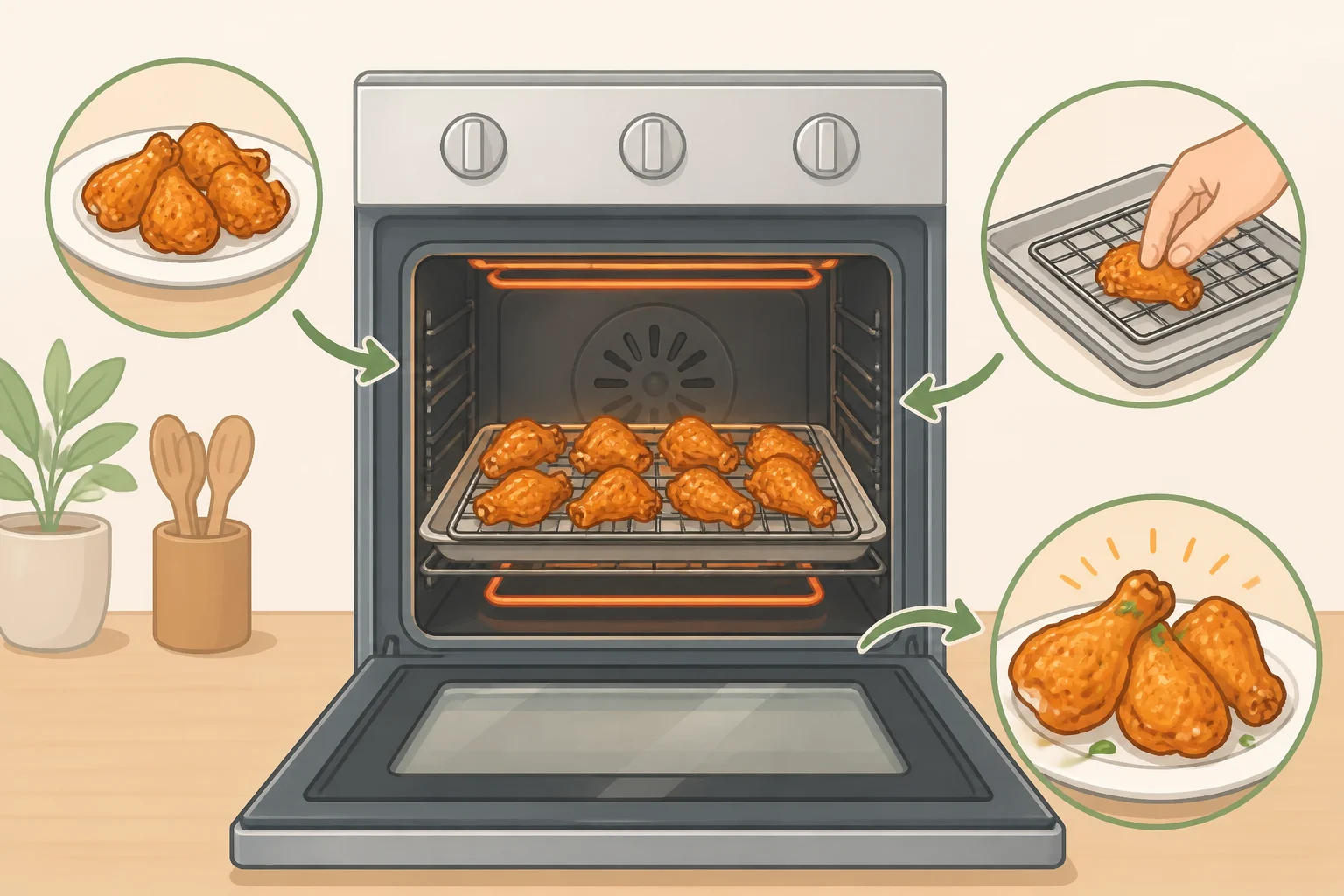 Leftover chicken wings reheated in a 400°F oven on a rack over a pan, ready to re-crisp the skin without drying out the meat