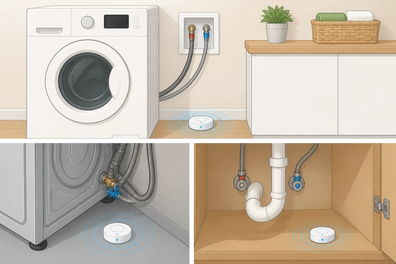 A smart water leak detector sensor mounted near a washing machine and supply connections to catch moisture early and trigger an alarm