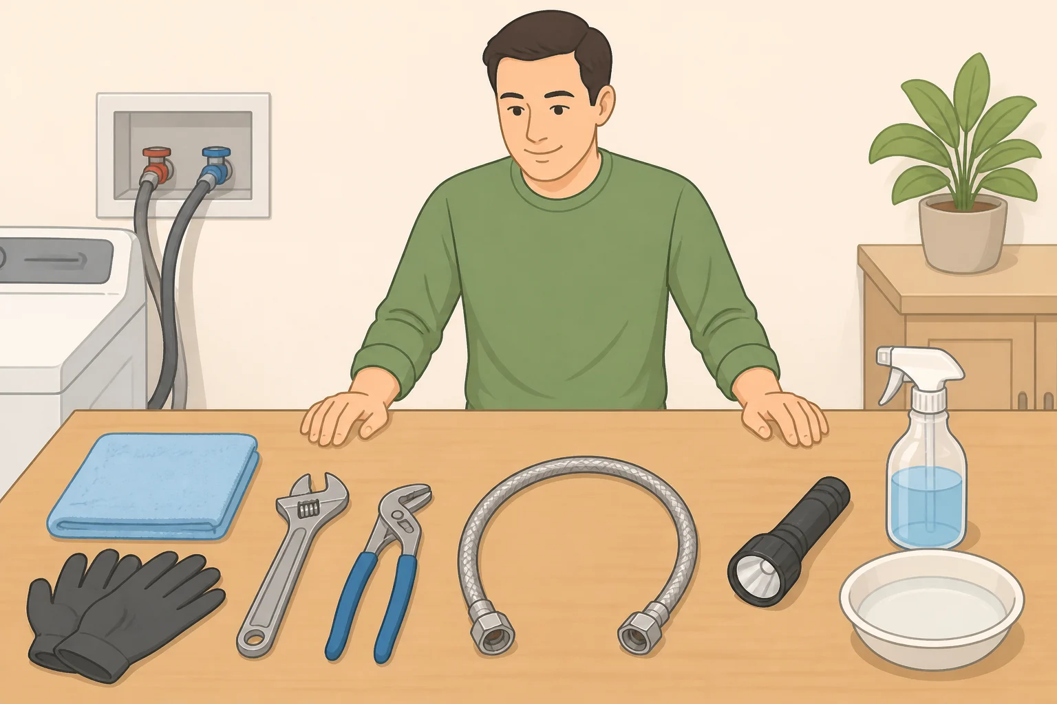 Tools for appliance maintenance to prevent costly home repairs from leaks, including an adjustable wrench, flashlight, screwdriver, and a braided stainless-steel refrigerator supply line