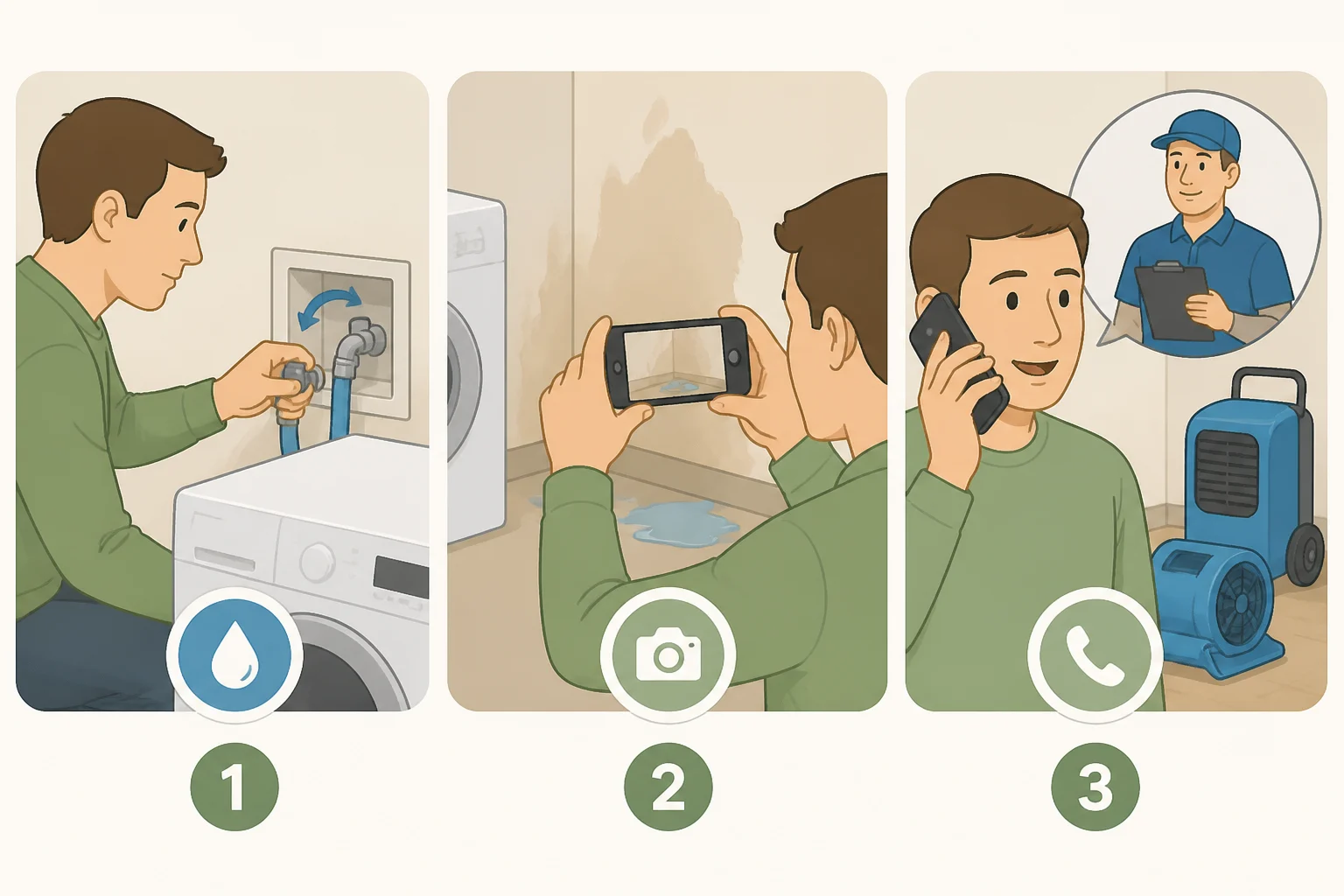 Homeowner shutting off an appliance water valve, taking photos of the affected area, and calling a water damage restoration professional after spotting warped flooring or a leaking dishwasher