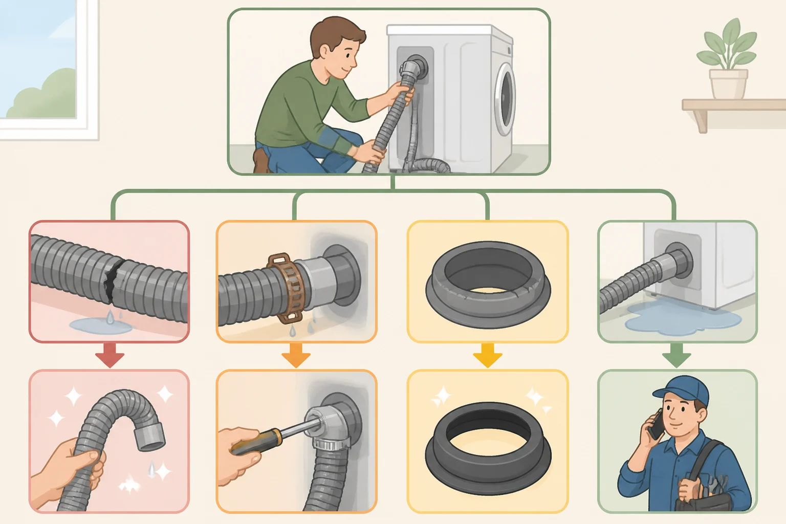 Flow-style chart showing how dry hose, cracked or corroded parts, active leaks, and wet flooring lead to actions like replacement, plumber call, electrician call, or restoration assessment