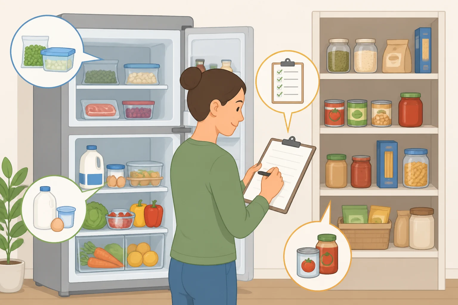 Illustration of a kitchen inventory setup showing a fridge, freezer, and pantry with a notepad checklisthelping readers understand how to organize a grocery list to save money by starting with what they already have
