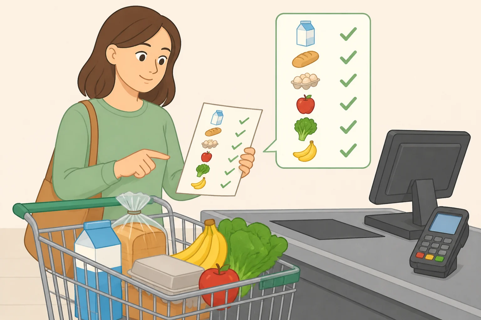 Illustration of a grocery cart at checkout with a checklist showing only list-approved items and pre-decided substitutions, reinforcing impulse control