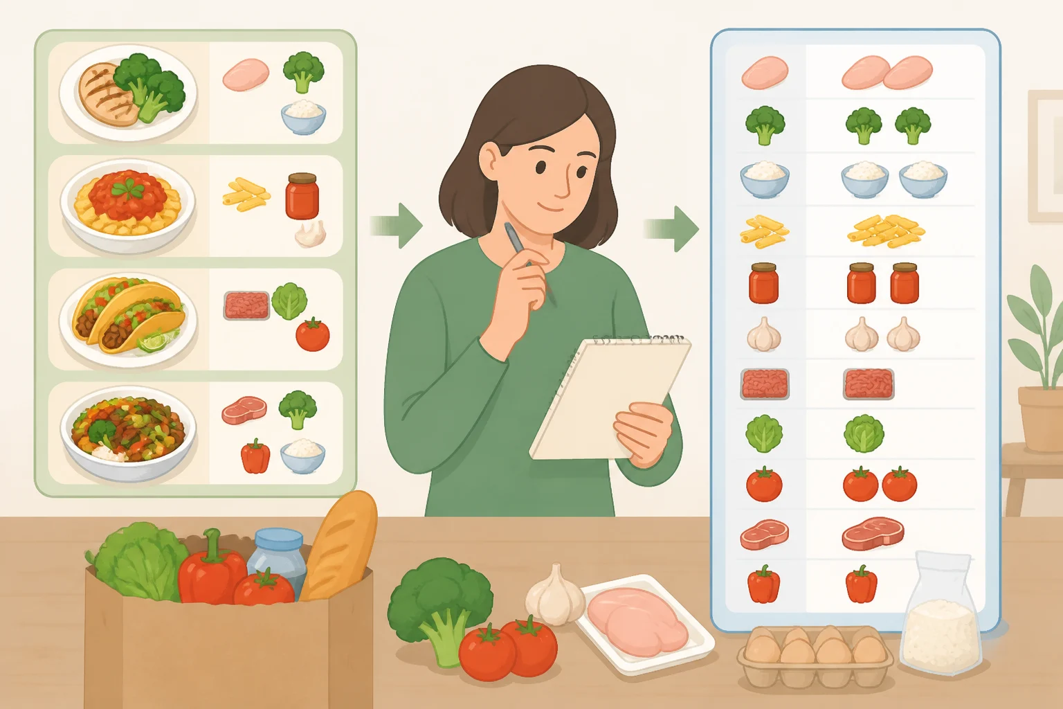 Illustration of a grocery list where each line includes specific quantities like '2 chicken breasts' and '1 bag spinach,' linked to planned dinners for the week