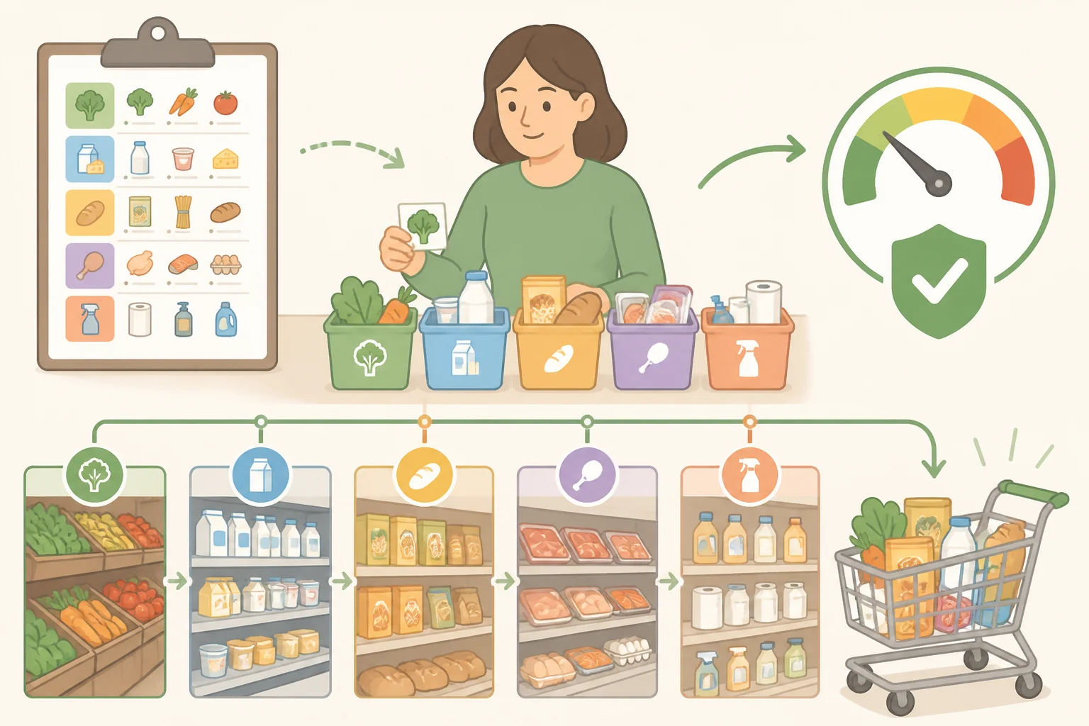 Illustration of a grocery list grouped by store section (produce, dairy, meat, pantry, frozen, household) with a highlighted spending cap or price ceiling