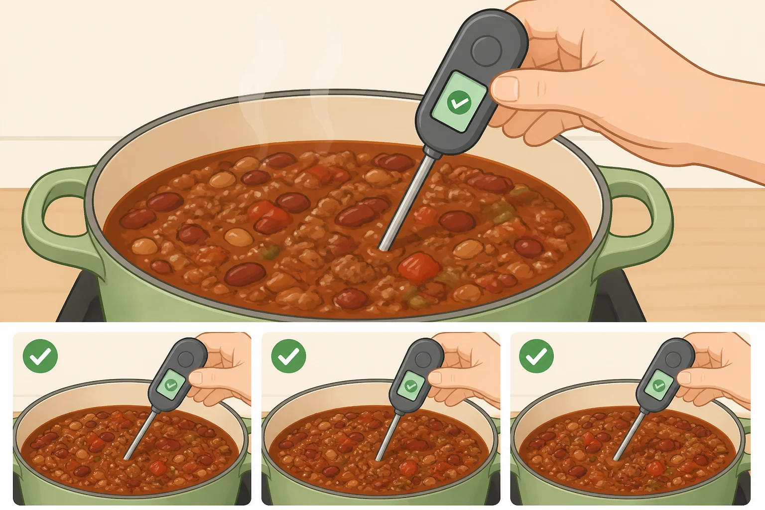 Food thermometer probe inserted into thick chili near the center of the pot and checked again in a second thick spot to confirm the chili reaches 165°F