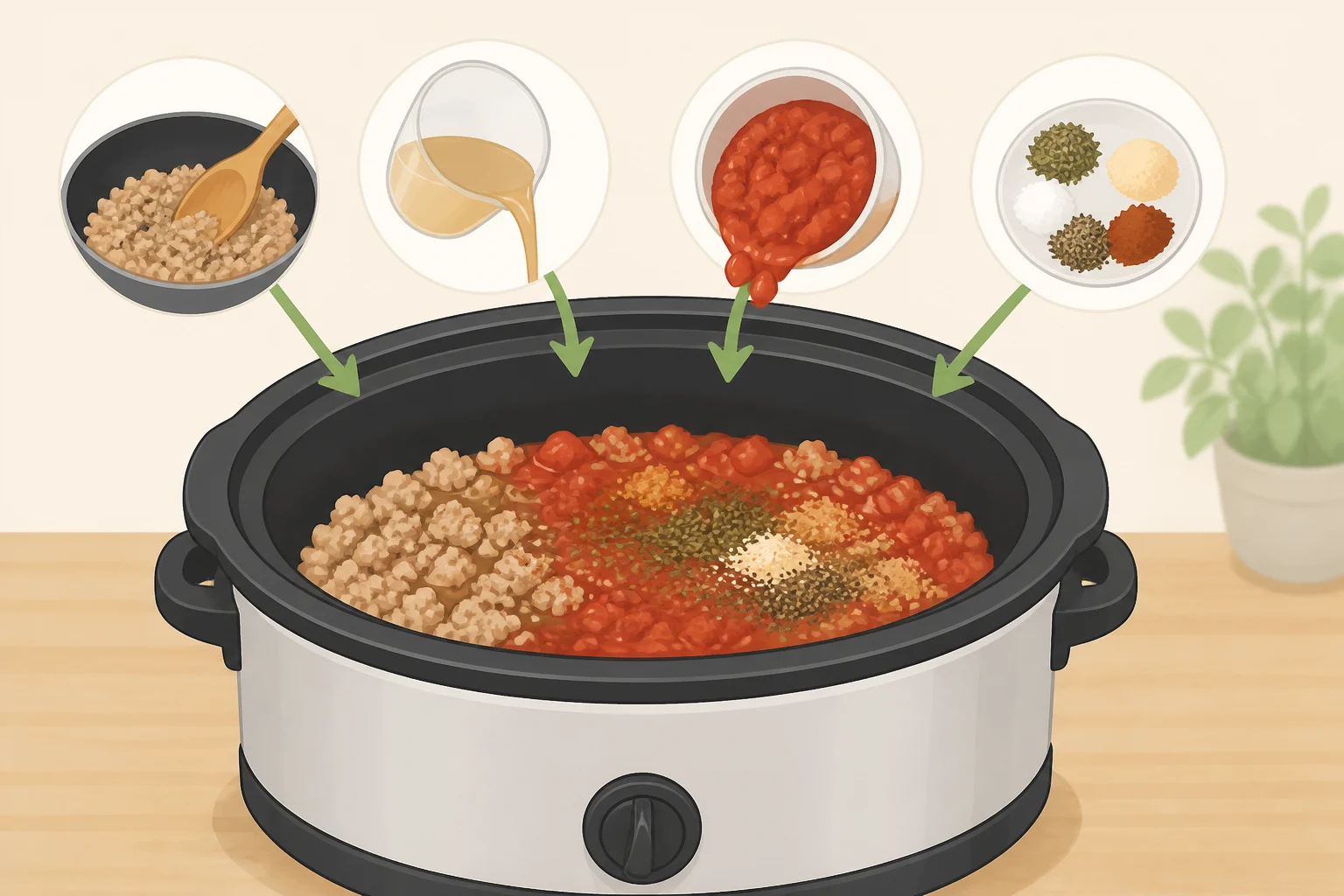 Kitchen view of a 6-quart slow cooker filled with browned turkey crumbles and tomato mixture, with seasonings stirred until the tomato paste disappears