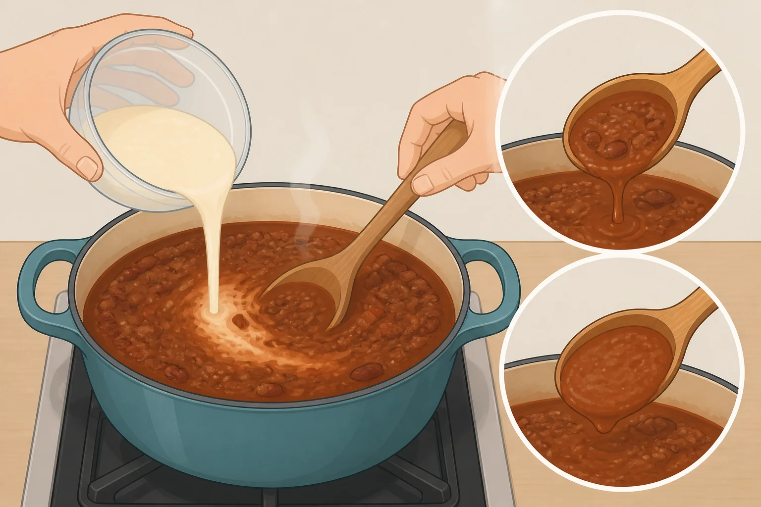 A measuring cup pouring a masa harina slurry into thickening chili, followed by a spoon test showing the sauce coats the back of the spoon