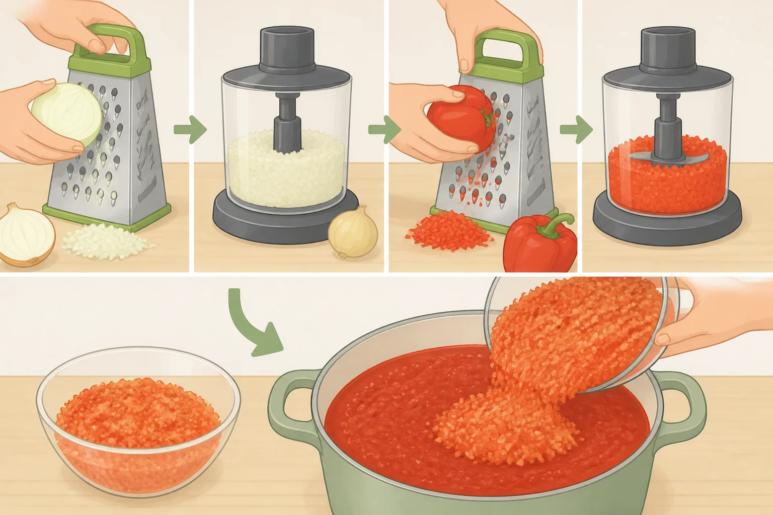 Close-up of grated onion and bell pepper pulsed to a near-pureed texture, stirred into crushed tomatoes to create a smooth no bean crockpot turkey chili base