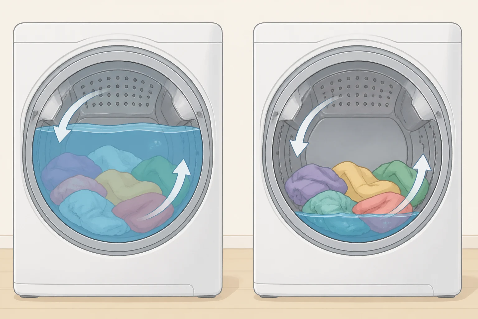 Illustration of an HE wash cycle with a shallow water level in the drum compared to an older full-submersion-style fill, highlighting the visible difference in standing water