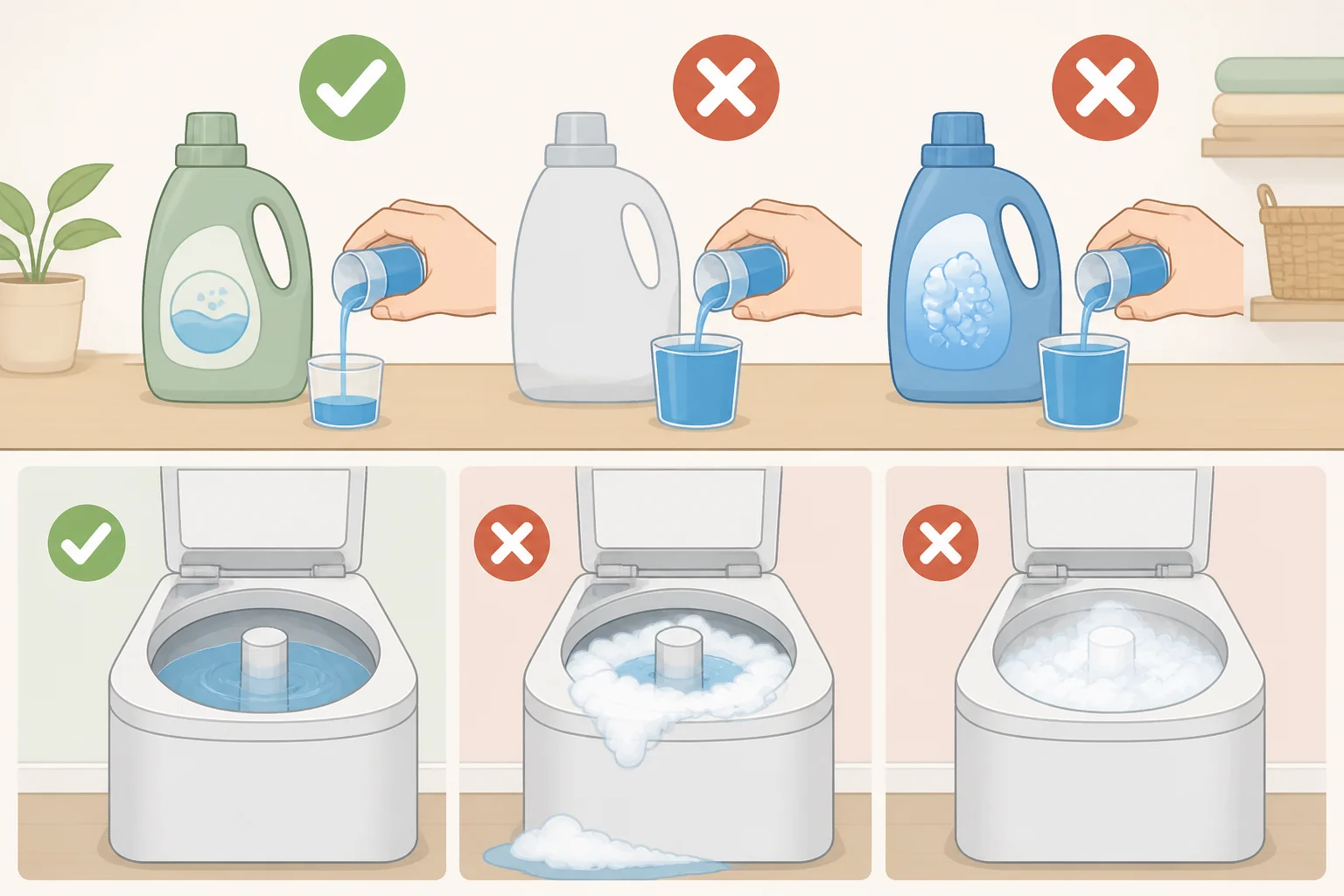 Illustration of an HE washer showing correct low-sudsing detergent dosing with clean rinse water versus suds buildup when using regular high-sudsing detergent in a shallow-fill cycle