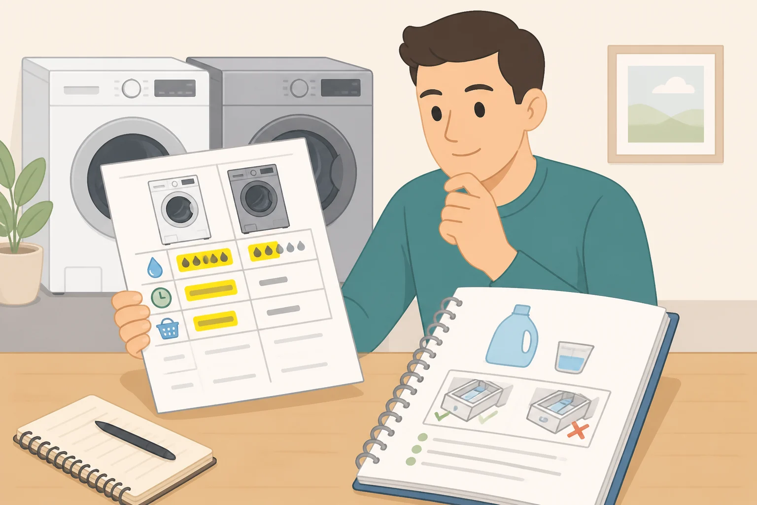 Illustration of a shopper comparing two washer spec sheets next to an owner's manual checklist for capacity, estimated cycle time, water-use figures, and the required detergent type and dose