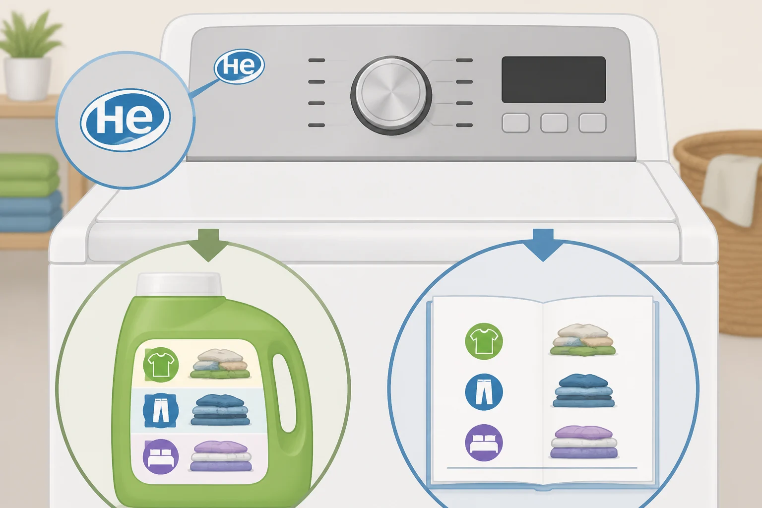 Illustration comparing an HE badge on a washer control panel with a chart of federal loading categories (top-loading standard, front-loading standard, and compact) to clarify how high efficiency vs regular washing machine labels map to size and loading rules