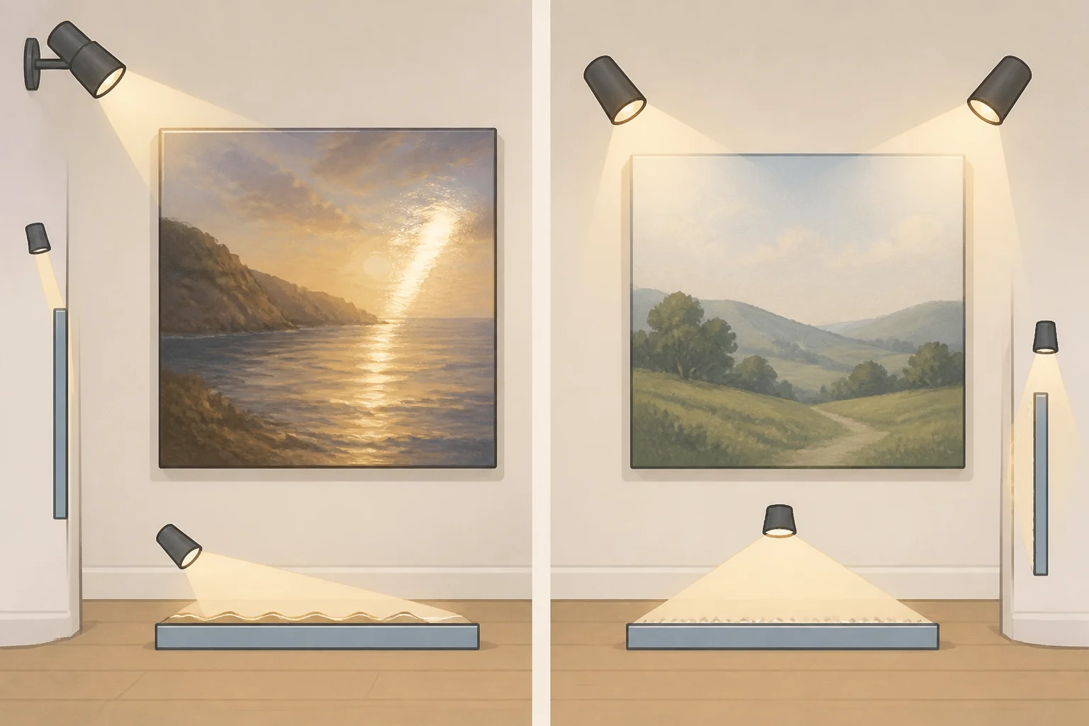 Diagram of a small bathroom showing ideal lighting angles for gloss (skimming the wall surface) versus matte (soft, diffused wall fixtures) to avoid flat, evenly dim illumination.