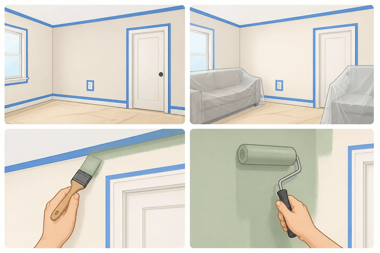 Step-by-step photo sequence of preparing a bathroom for dark paint: masking trim, covering tub and floor with drop cloths, cutting in corners with an angled brush, and rolling walls for smooth coverage.