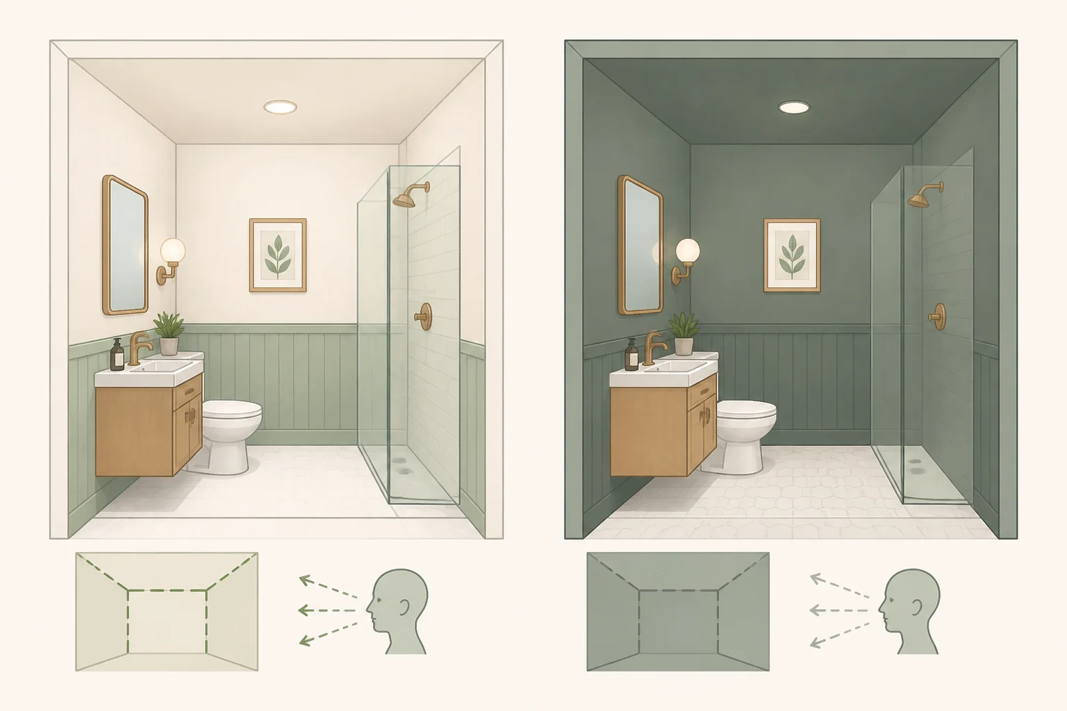 Comparison diagram showing how painting ceiling, walls, and trim the same dark shade helps a small bathroom feel taller and more cohesive rather than boxed in.