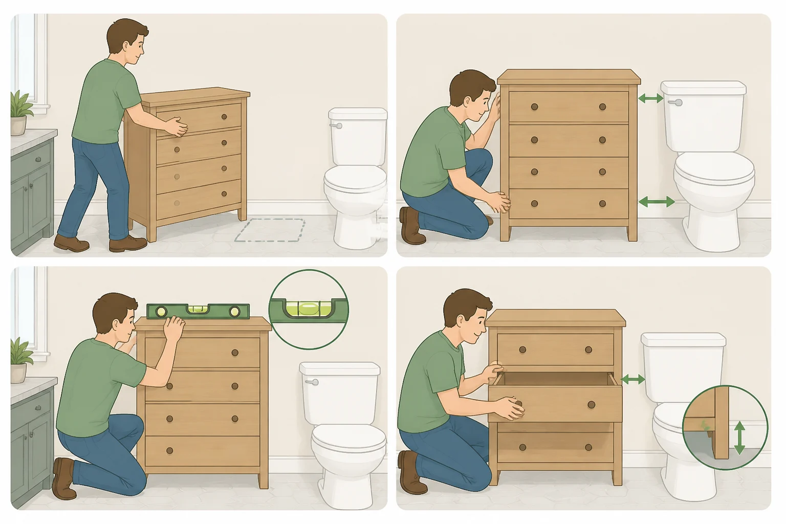 A person dry-fitting an IKEA dresser in a bathroom and opening drawers to check clearance around a toilet tank and trim