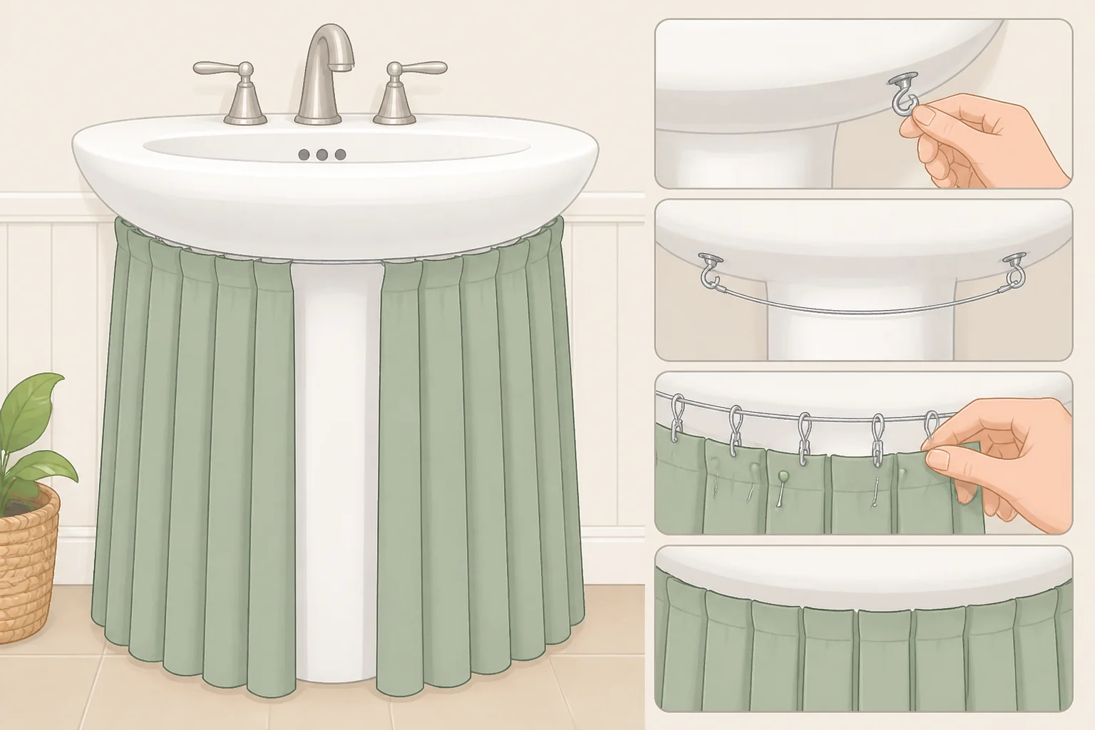 Pleated water-resistant fabric skirt wrapped around a pedestal sink with a tension wire and cup hooks behind the pedestal