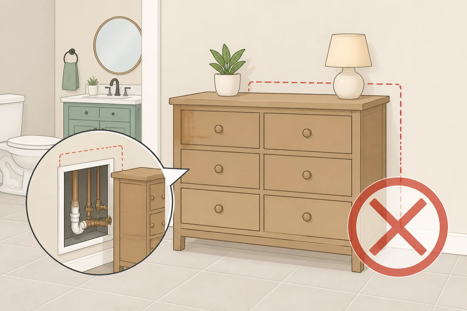 Diagram of a dresser placement covering a plumbing cleanout or shutoff valve, showing why the IKEA dresser storage hack fails without access