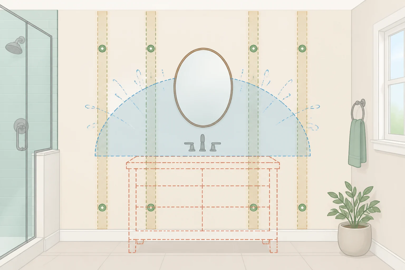 Bathroom wall layout for an IKEA dresser bathroom storage hack showing the dresser footprint, splash zone beyond the sink and tub, and marked stud anchor points
