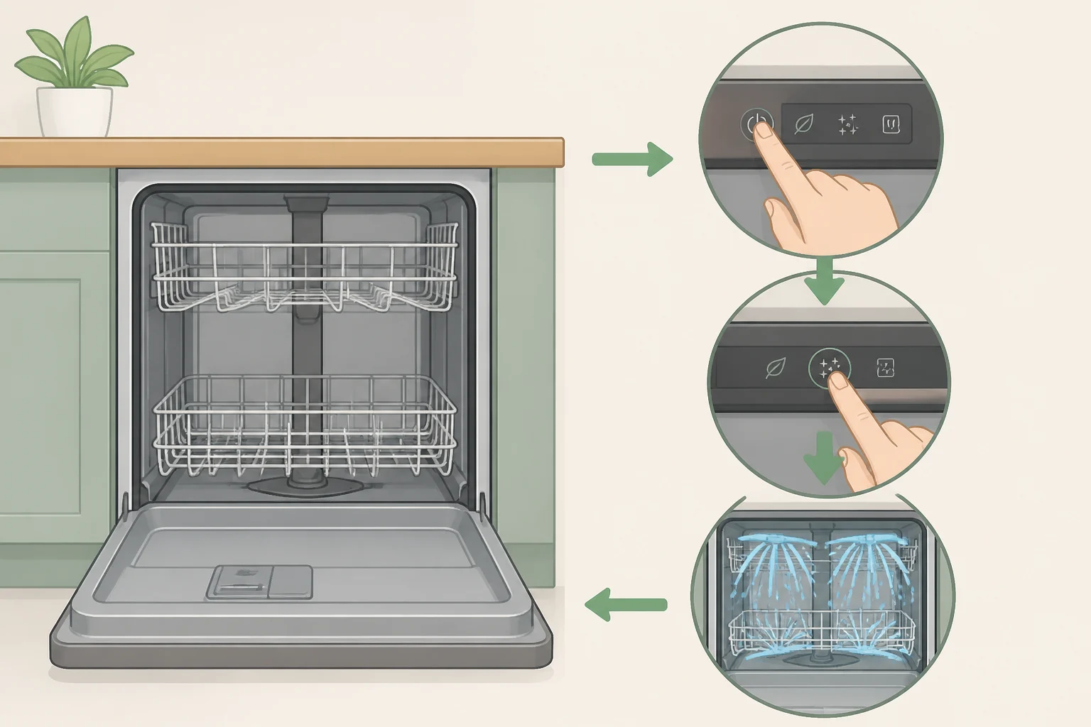 A dishwasher display showing the Machine Care or Clean cycle while the tub is empty and ready to run