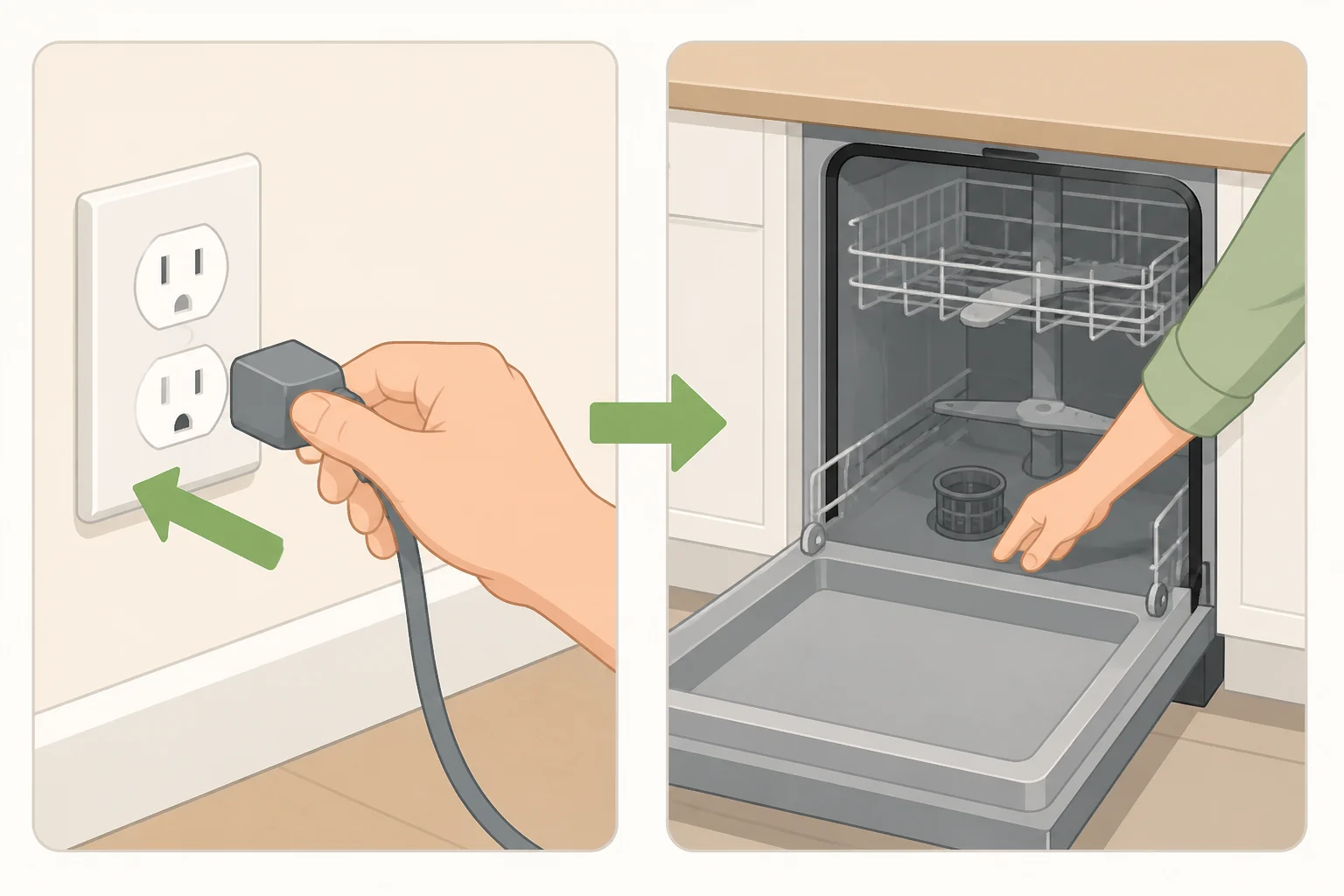 A person turning off and unplugging a dishwasher before checking the filter and spray arms by hand