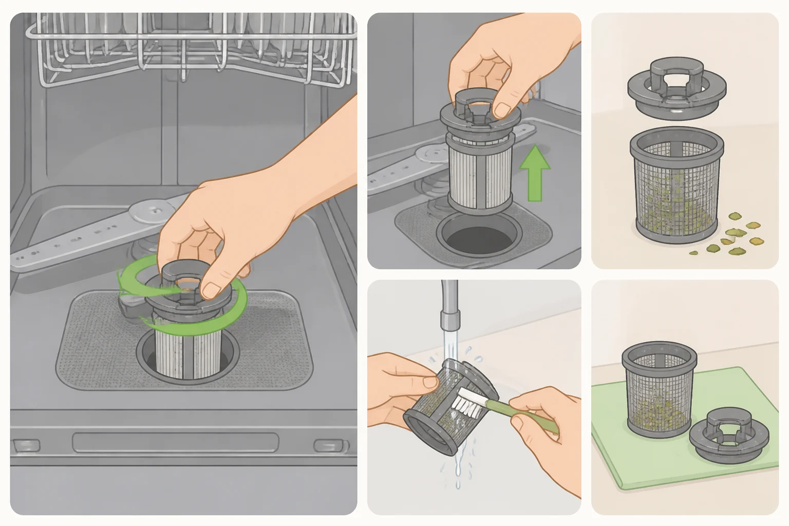 Close-up of a dishwasher filter being twisted and lifted out so you can clean it the right way before running how to clean a dishwasher