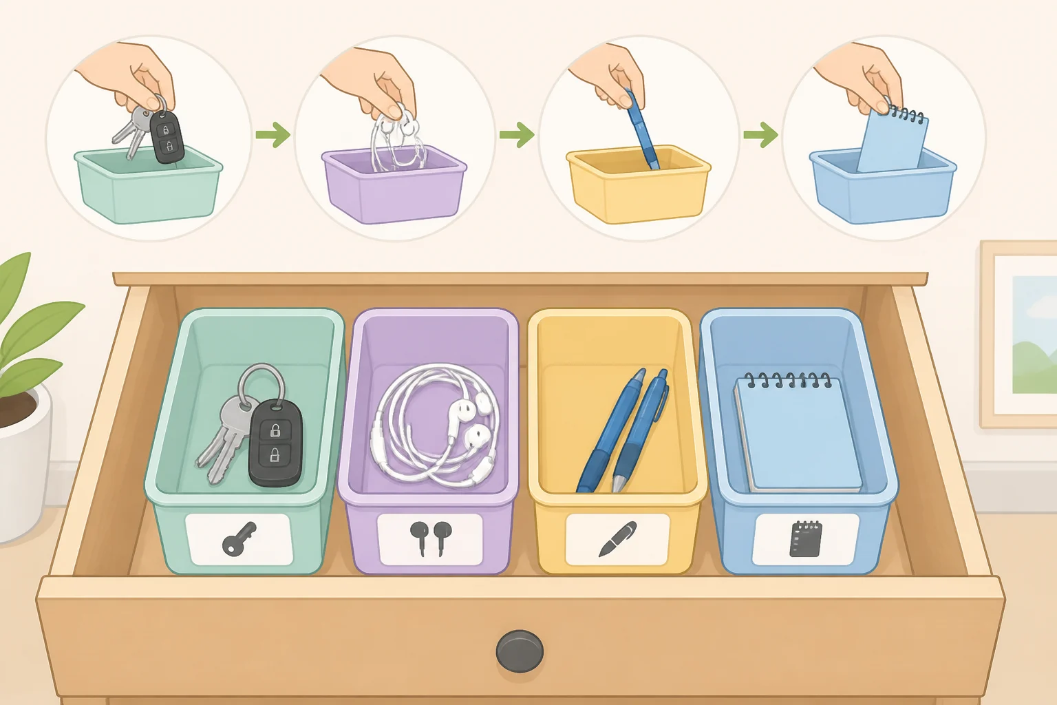 Top-down view of a neatly organized junk drawer with labeled compartments using pouches, shallow trays, and small boxes for consistent category homes
