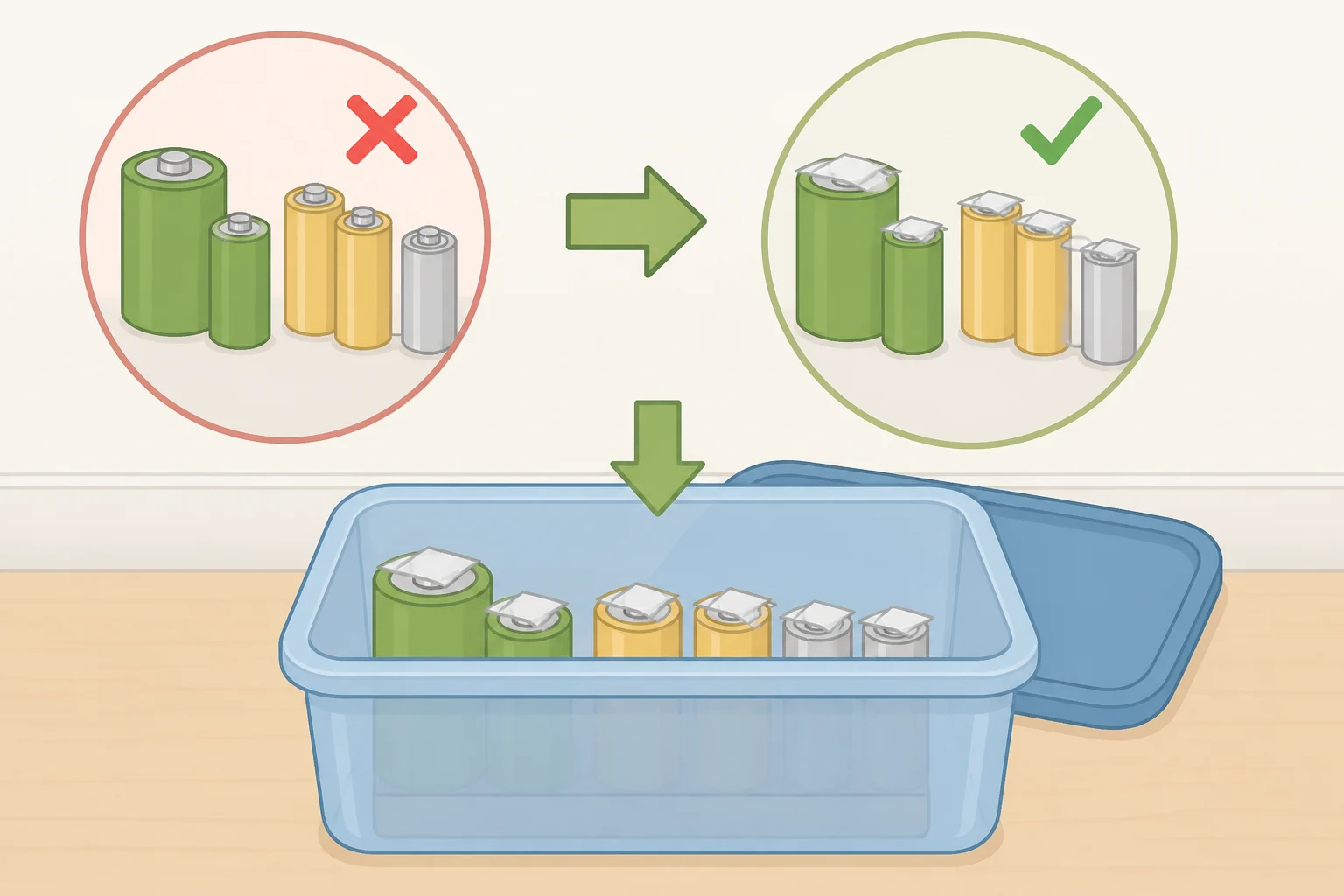Compact battery storage system for junk drawer essentials with covered terminals inside a small container, separating dead batteries for recycling