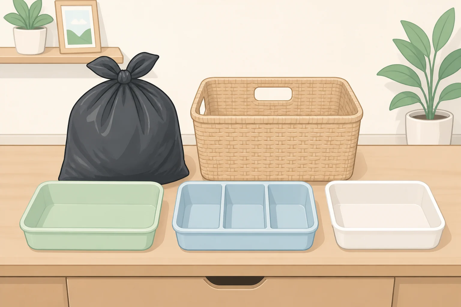 Gathered junk drawer essentials supplies: trash and recycling bags, a basket for items that belong elsewhere, shallow containers, and a tape measure laid on a table