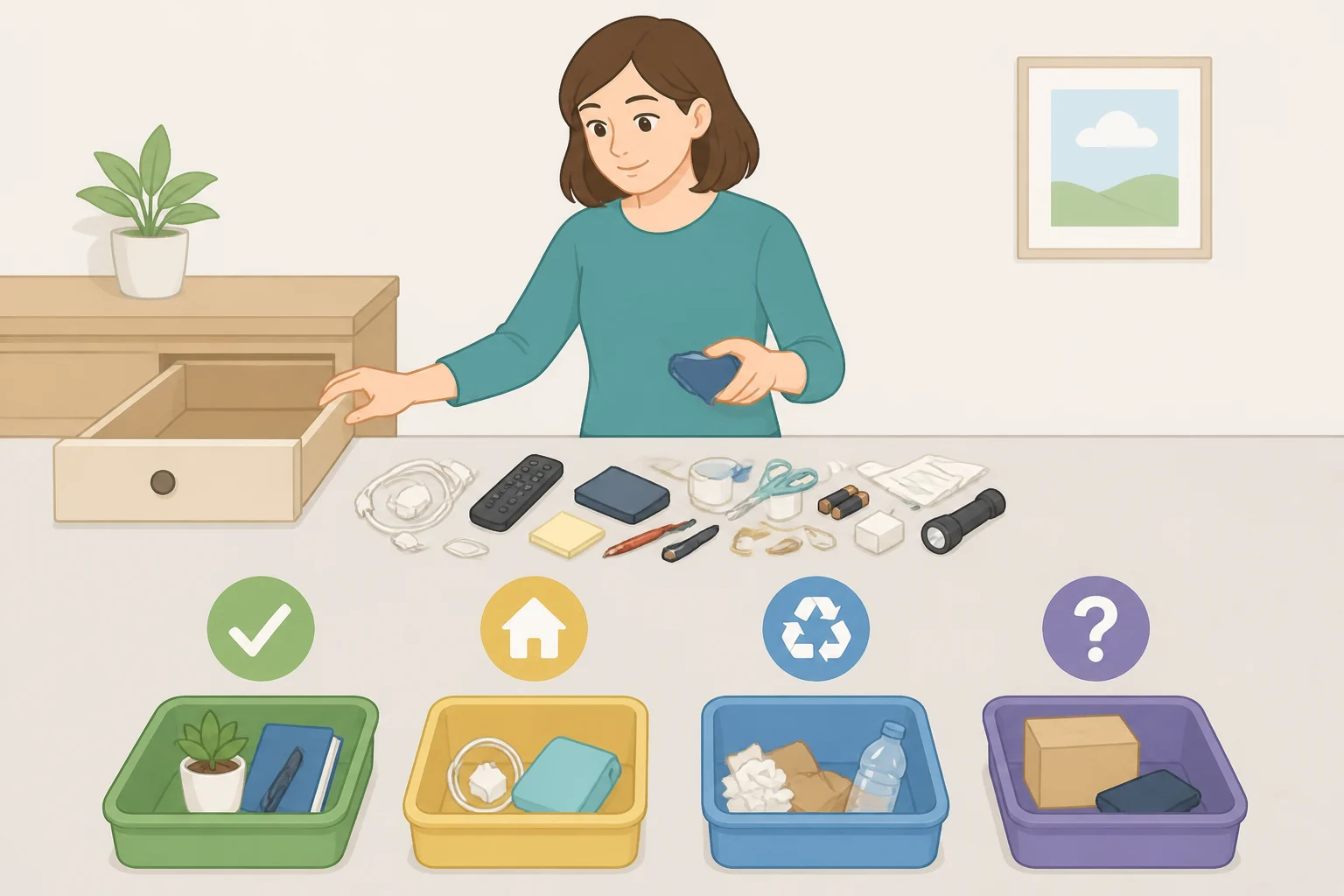 Kitchen countertop showing four labeled piles after emptying a drawer: keep here, relocate to other rooms, discard or recycle, and an identify-later pile