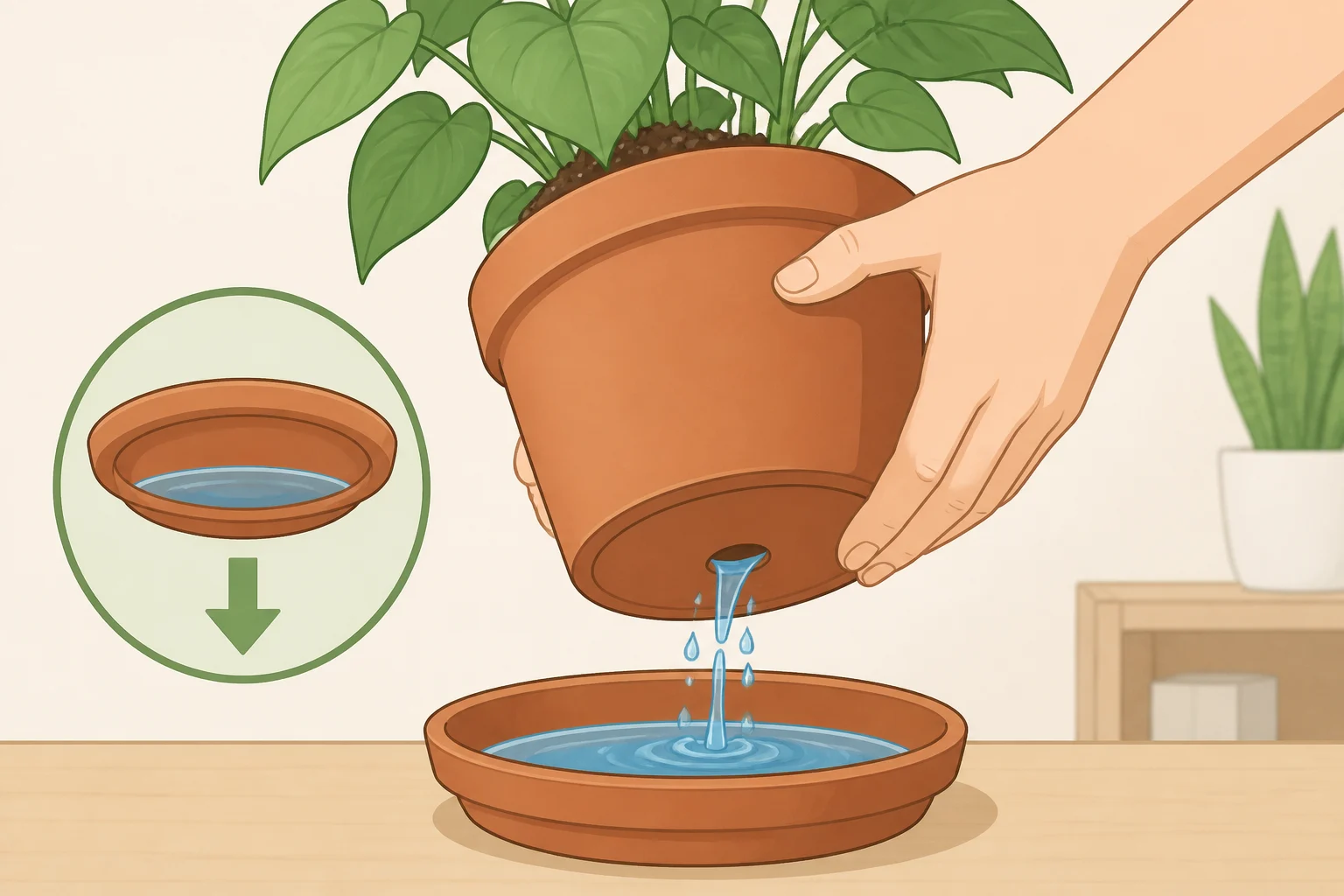 A houseplant pot after watering with the saucer emptied so the roots are not left sitting in standing water